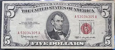 1963 $5 Dollar Bill Red Seal Legal Tender Condition Extra Fine-XF • $22