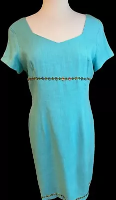 David Warren Embroidered Dress Aqua Lined Sheath Women's Size 14 NWT Vintage • $25
