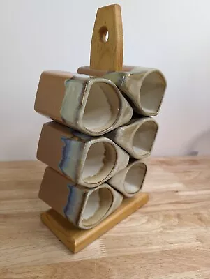 Vintage Rodolfo Padilla Stacking Coffee Mugs Set Of 6 W/ Wood Stand - Drip Glaze • $59.99