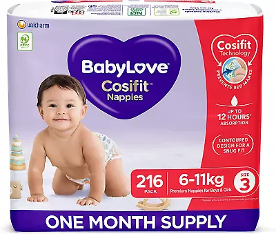 Babylove 216 Piece (3 Pack X 72) 1 Month Supply Premium Cosifit Nappies Size 3 C • $122.25