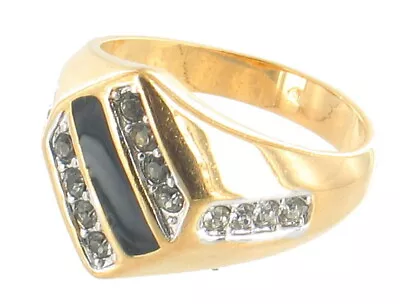 Vintage 18K Gold Plated Paste Crystals Black Enamel Unisex Signet Ring 13 • $65.99