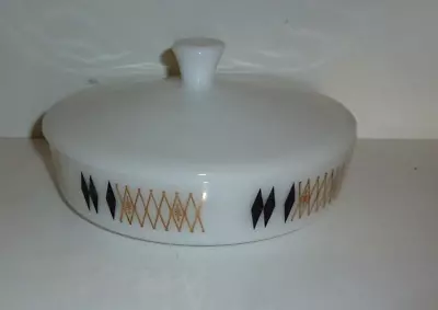 Vintage Federal Milk Glass Atomic Diamonds Black & Gold 8  Casserole Bowl W/lid • $25