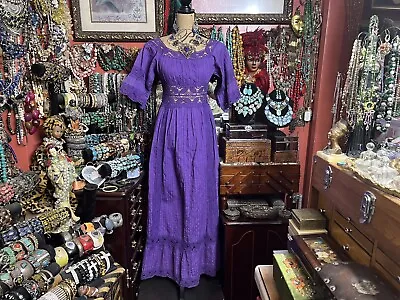 Beautiful Vintage Crochet Lace Mexican Purple Pintuck Lace Wedding Dress Size S • $175