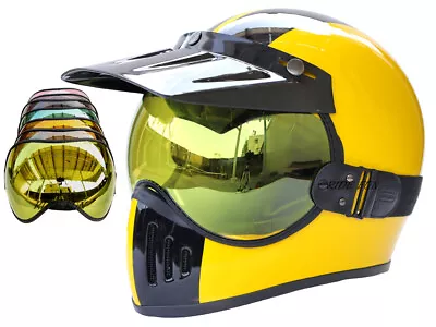 Vintage Off-Road Motorcycle Helmet Yellow / Black Line W/Bubble Visor M Size • $189