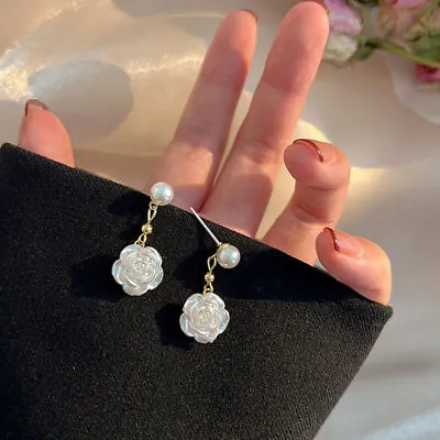 Womens Flower Rose Dangle Earrings 925 Silver Drop Earings Pearl Jewelry Long • $3.67