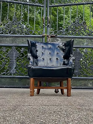 Vintage Button Tufted Black 1940s Patten Leather Club Chair • $3450