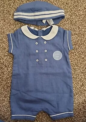 Bnwt Next 0-3 Months Upto 3 Blue Sailor Romper And Hat Outfit • £8