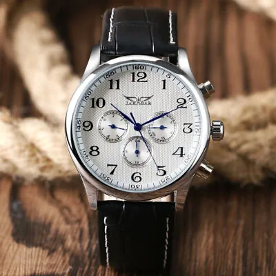 JARAGAR Men's Business Automatic Mechanical Watch Leather Strap Date Wristwatch • £27.59