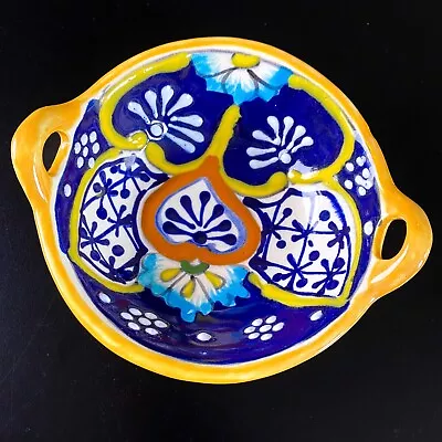 Vintage Talavera Mexican Pottery Bowl Salsa Dish Hand Painted Blue Yellow Mexico • $34