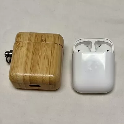 Apple AirPods 2nd Gen A1602 Bluetooth Earbuds W/ Charging Case +Bamboo Cover VGC • $49.50
