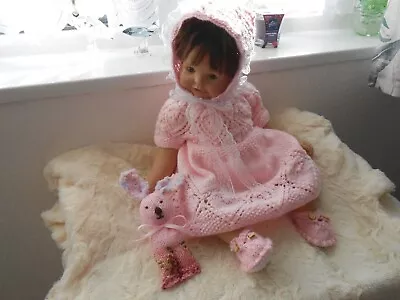 Hand Knitted Pink Lace Dress Set For Baby Girl 3-6mths/reborn 20-24  .*New* • £18.99