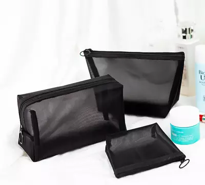 Zipper Black Mesh Makeup 3PCS Set  Bag Cosmetic Travel Cosmetic Accessories UK • £4.59