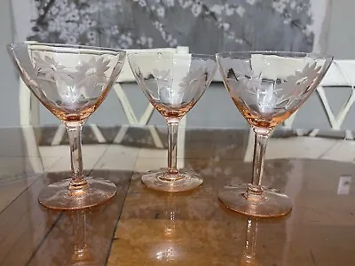 Vintage Pink Depression Cocktail Flower Etched Glass Stemware; Set Of 3 • $20