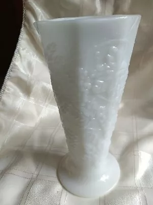 Vtg Milk Glass Footed Vase  Grape Anchor Hocking 9.5  • $5