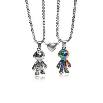 2 Pcs Magnet Heart Best Friend Lover Couple Astronaut Friendship Necklace Gift • £4.49