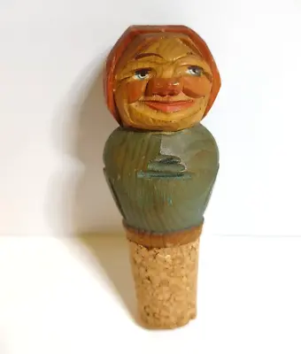ANRI Bottle Stopper Italy Cork Vintage Wood Barware Green Dress Lady Hand Carved • $18.70
