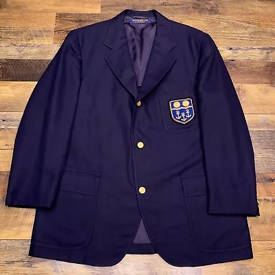 Vintage Brooks Brothers Blazer 43 Navy Blue Gold Buttons Crest Wool Sport Coat • $89.99