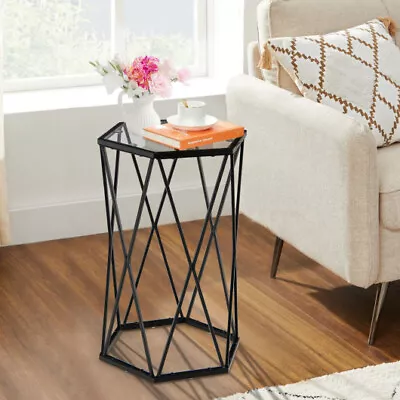 Hexagonal Accent End Table With Tempered Glass Top And Metal Frame • $47.02