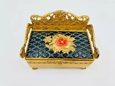 Vintage Metal Jewellery Trinket Box Lined W/ Red Velour Floral Accents UNIQUE • $48
