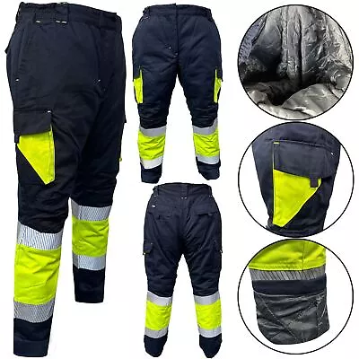 Mens Hi-Vis Elasticated Waterproof Work Trousers Quilted Lined Padded Pockets • £9.99