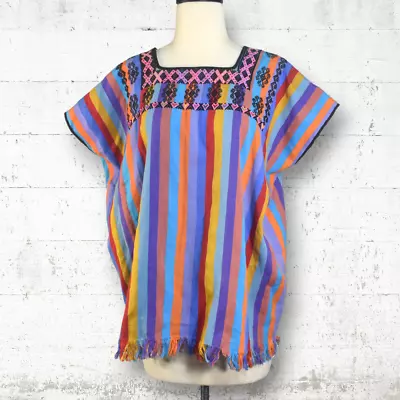 Woven Rainbow Stripe Embroidered Fringe Tunic Top Mexican Huipil Boho One Size • $45