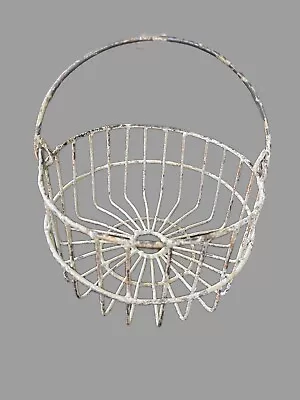 Antique Rustic White Painted Metal Wire Egg Farm Basket With Bail Handle • $29.96