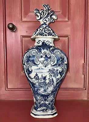 18th Century Delft Hand Painted 14 3/4  Vase Urn With Lid • $600