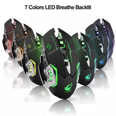 Gaming Mouse Wireless 7-color Breathing Backlight 2400DPI Rechargeable Ergonomic • £8.99