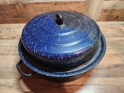Vintage Graniteware Blue Speckled Enamel 10 Inch Stock Pot With Lid • $21.97