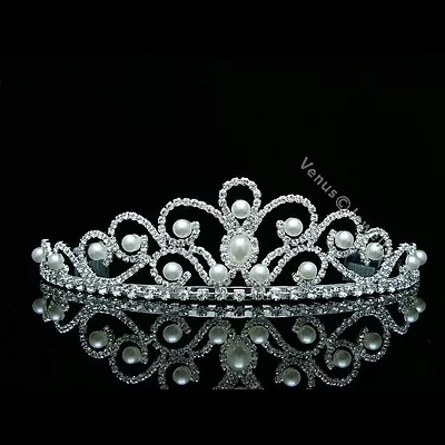 $24.99 • Buy Gorgeous Bridal Rhinestones Crystal Pearl Wedding Crown Tiara 8507