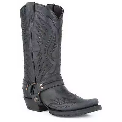 Men's Stetson Biker Outlaw Eagle Boots Square Rocker Toe Handcrafted Black • $330.99