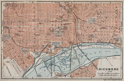 RICHMOND Antique Town City Plan. Virginia. BAEDEKER 1909 Old Map Chart • $7.58