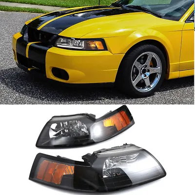 Headlights For 99-04 Ford Mustang Black Housing Amber Corner Lamps LH+RH • $61.99