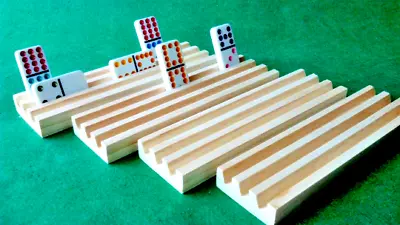 Handmade Wooden Domino Holders Set Of 4 Mexican Train 3 Rows Trays Rack Wood Usa • $12.99