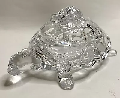 Glass Piggyback Mom Baby Turtle Tortoise Clear Trinket Box ￼Lid 7” Feng Shui • $35