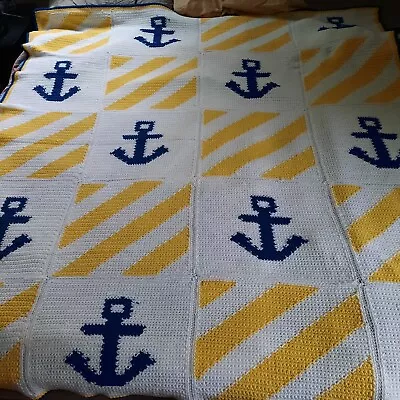 Hand Crochet Blue White Yellow Anchors  Queen Size Blanket Throw Afghan 64 X 80  • £219.74