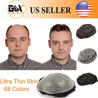 GEX Mens Toupee HairPiece V-loop 0.04mm Thin Skin Human Hair Replacement System • $149.90