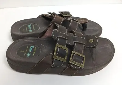 Skechers Tone Ups Brown Leather Slip On Sandals Buckles 46692 Women's Size 6 M • $14.99