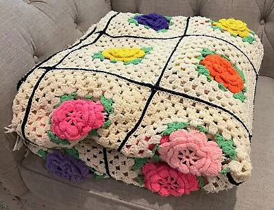 Granny Square Crochet Blanket Afghan 3-D Roses Bright Colors 113” X 87” JUMBO • $175.06