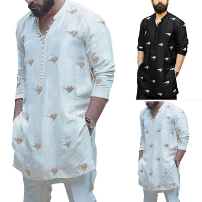 INCERUN Mens Long Sleeve Grandad Neck Kurta Shirts Ethnic Hippie Tunic Tops Tees • £11.68