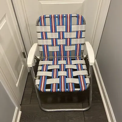 Vintage Folding Aluminum Chair Webbed Lawn Chair  Red White Blue ￼￼ Vinyl  ￼ • $44.99