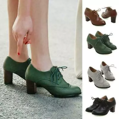 Womens Block Heel Wingtip Brogue Lace Up Dress Shoes Oxfords Plus Size • $44.48