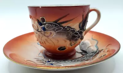 Vintage Dragon Ware One Cup Two Saucers Moriage Black Dragon Orange White Blue • $22.50