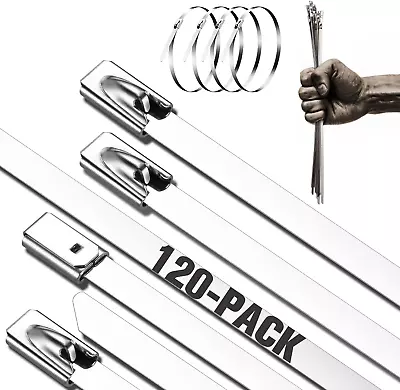 Metal Zip Ties 120Pcs 304 Stainless Steel 11.8  Heavy Duty Self-Locking Cable • $13.68