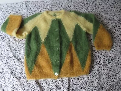 Vtg Womens Mohair Hand Knit Button Cardigan Sweater Sz M YellowTan Green Argyle • $275