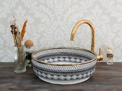 Ceramic Sink For Bathroom Brass Rim Vanity Sink Moroccan Handmade Sink Bowl • $284.88
