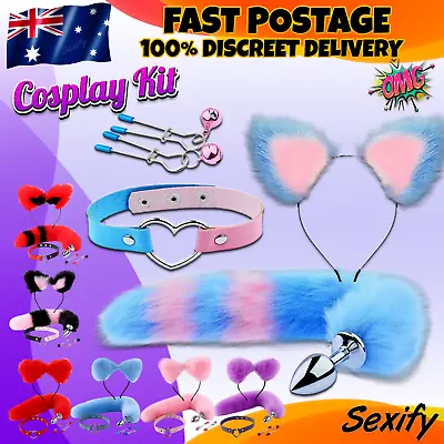 BDSM Fox Tail Anal Plug Headband Collar Nipple Clips Cosplay Bondage Kit Sex Toy • $24.95