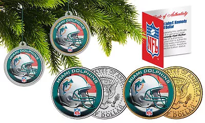 MIAMI DOLPHINS Colorized JFK Half Dollar 2-Coin Set NFL Christmas Tree Ornaments • $14.95