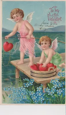 Valentine’s Card Vintage Embossed Fishing Cupid Heart Flowers • $6.55