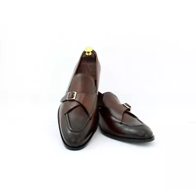 Handmade Men's Brown Monk Strap Round Toe Dress Shoes Real Leather Shoes • $134.99